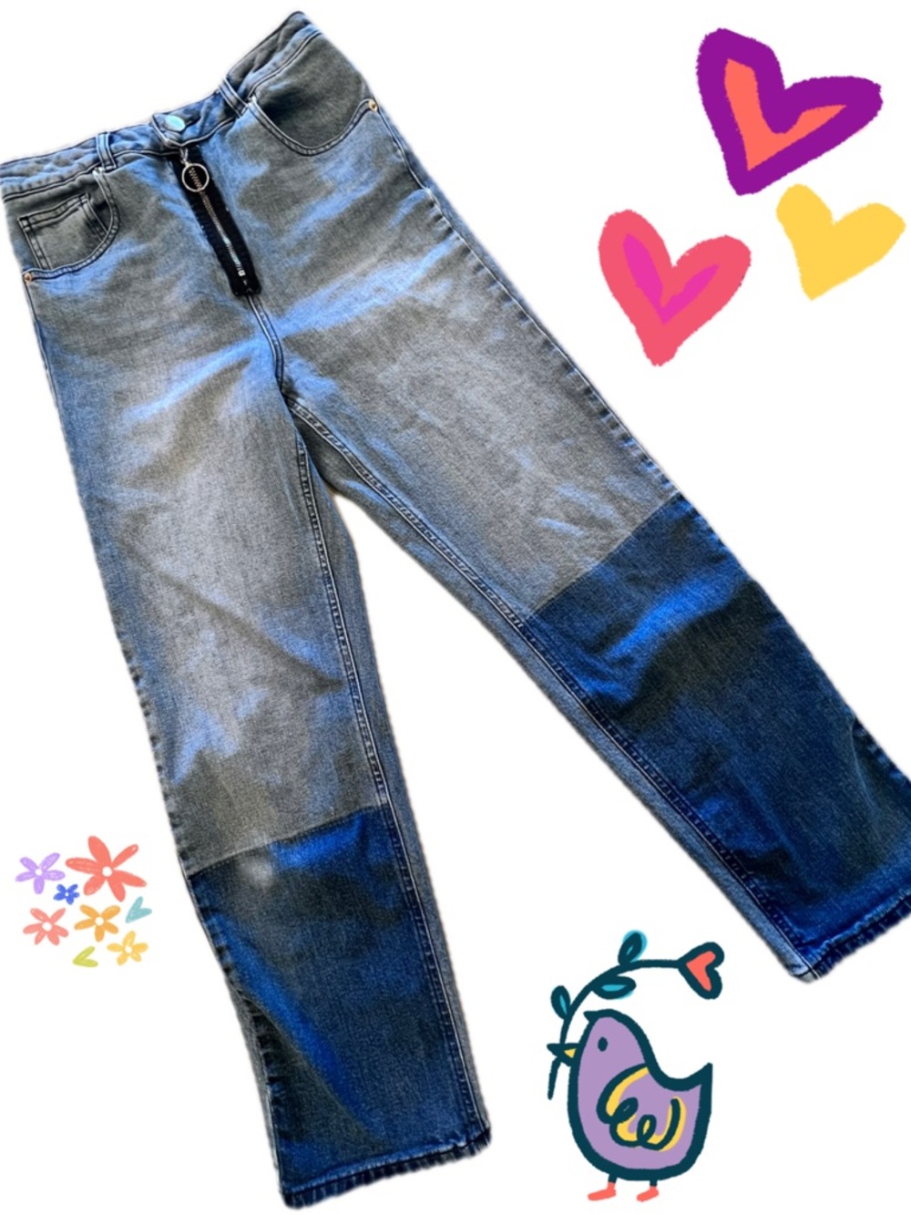 ASOS Ring Pull Zipper 2 tone Patchwork on front of Jeans Waist 28” Inseam 32”